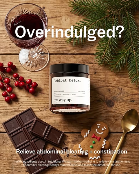A high-performing 4:5 static ad featuring Debloat Detox capsules alongside holiday-themed items to directly address bloating and constipation.